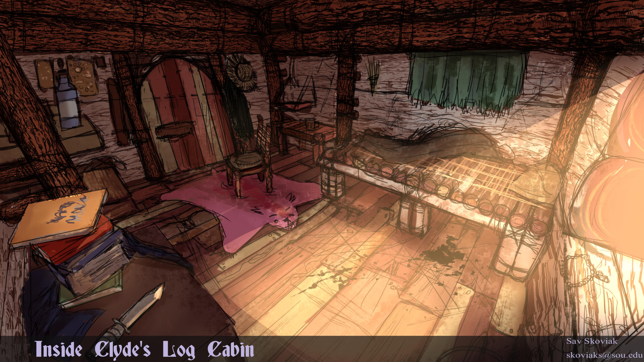 Inside Clyde's log cabin